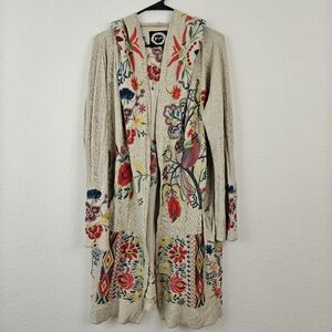 Johnny Was Floral Bird Embroidered Open Hooded Duster Open Front Cartigan LG